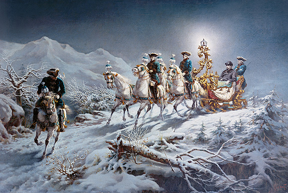 Picture: King Ludwig II on a night-time sleigh ride, painting by R. Wenig